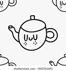Teapot hand drawn doodle character with no fill, seamless pattern. Teapot texture for wrapping, wallpaper and decoration