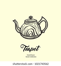 Teapot hand drawn ink vector illustration in old style. Isolated line kettle, illustration for logo, cafe menu, banner, flayer retro hand drawn style. Isolated vector logo for coffee shop, restaurant.