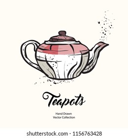 Teapot hand drawn ink vector illustration old style. Isolated line white pink kettle, illustration logo, cafe menu, banner, flayer retro hand drawn style. Isolated vector logo coffee shop, restaurant.