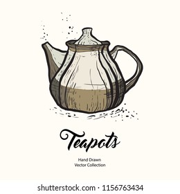 Teapot hand drawn ink vector illustration old style. Isolated line clay brown kettle, illustration logo, cafe menu, banner, flayer retro hand drawn style. Isolated vector logo coffee shop, restaurant.