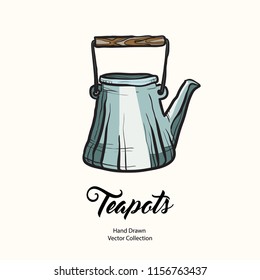 Teapot hand drawn ink vector illustration in old style. Isolated line blue kettle, illustration logo, cafe menu, banner, flayer retro hand drawn style. Isolated vector logo for coffee shop, restaurant