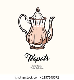 Teapot hand drawn ink vector illustration old style. Isolated line white pink kettle, illustration logo, cafe menu, banner, flayer retro hand drawn style. Isolated vector logo coffee shop, restaurant.