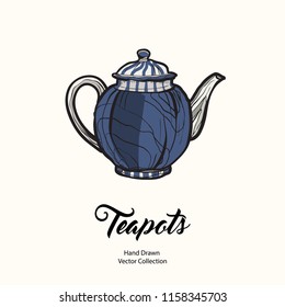 Teapot hand drawn ink vector illustration in old style. Isolated line blue kettle, illustration logo, cafe menu, banner, flayer retro hand drawn style. Isolated vector logo for coffee shop, restaurant