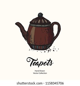 Teapot hand drawn ink vector illustration old style. Isolated line clay brown kettle, illustration logo, cafe menu, banner, flayer retro hand drawn style. Isolated vector logo coffee shop, restaurant.