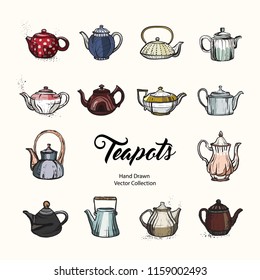 Teapot hand drawn ink vector illustration set old style. Isolated line kettle, illustration for logo, cafe menu, banner, flayer retro hand drawn style. Isolated vector logo for coffee shop, restaurant