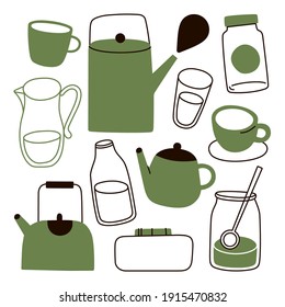 Teapot hand drawn ink vector illustration set old style. Tea coffee season autumn winter kettle set breakfast 
