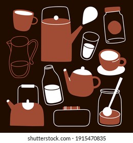 Teapot hand drawn ink vector illustration set old style. Tea coffee season autumn winter kettle set breakfast 