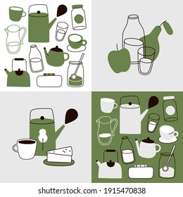 Teapot hand drawn ink vector illustration set old style. Tea coffee season autumn winter kettle set breakfast 
