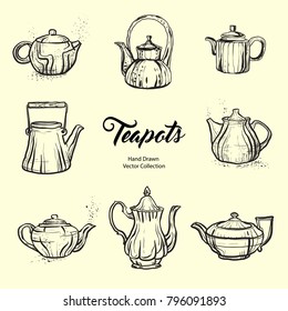 Teapot hand drawn ink vector illustration set old style. Isolated line kettle, illustration for logo, cafe menu, banner, flayer retro hand drawn style. Isolated vector logo for coffee shop, restaurant