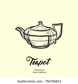 Teapot hand drawn ink vector illustration in old style. Isolated line kettle, illustration for logo, cafe menu, banner, flayer retro hand drawn style. Isolated vector logo for coffee shop, restaurant.