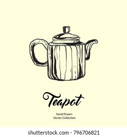Teapot hand drawn ink vector illustration in old style. Isolated line kettle, illustration for logo, cafe menu, banner, flayer retro hand drawn style. Isolated vector logo for coffee shop, restaurant.