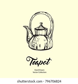 Teapot hand drawn ink vector illustration in old style. Isolated line kettle, illustration for logo, cafe menu, banner, flayer retro hand drawn style. Isolated vector logo for coffee shop, restaurant.