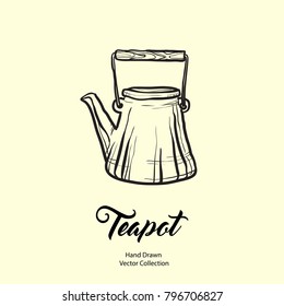 Teapot hand drawn ink vector illustration in old style. Isolated line kettle, illustration for logo, cafe menu, banner, flayer retro hand drawn style. Isolated vector logo for coffee shop, restaurant.