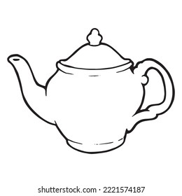 Teapot hand drawn, simple outline illustration ready for boiling water and making tea. Cartoon contour kettle drawing graphic. Single pot logo detail. Traditional teapot with handle for tea or coffee.