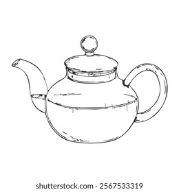 Teapot Hand-Drawn Vector, Graphic Style, Cartoon Illustration, Black and White, Sketch Style, Isolated on White Background