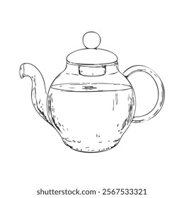 Teapot Hand-Drawn Vector, Graphic Style, Cartoon Illustration, Black and White, Sketch Style, Isolated on White Background