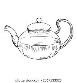 Teapot Hand-Drawn Vector, Graphic Style, Cartoon Illustration, Black and White, Sketch Style, Isolated on White Background