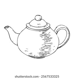 Teapot Hand-Drawn Vector, Graphic Style, Cartoon Illustration, Black and White, Sketch Style, Isolated on White Background