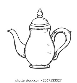 Teapot Hand-Drawn Vector, Graphic Style, Cartoon Illustration, Black and White, Sketch Style, Isolated on White Background