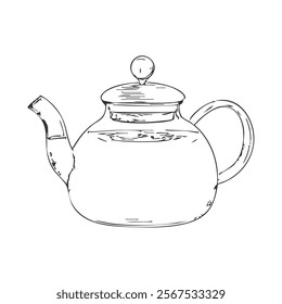 Teapot Hand-Drawn Vector, Graphic Style, Cartoon Illustration, Black and White, Sketch Style, Isolated on White Background