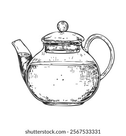 Teapot Hand-Drawn Vector, Graphic Style, Cartoon Illustration, Black and White, Sketch Style, Isolated on White Background