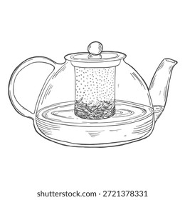 Vetor desenhado à mão em bule, estilo gráfico, ilustração de desenhos animados, preto e branco, estilo de esboço, isolado no fundo branco