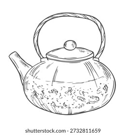 Teapot Hand-Drawn Vector, Graphic Style, Cartoon Illustration, Black and White, Sketch Style, Isolated on White Background