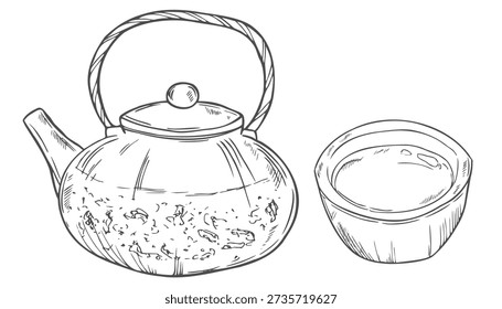 Teapot Hand-Drawn Vector, Graphic Style, Cartoon Illustration, Black and White, Sketch Style, Isolated on White Background