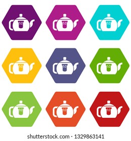 Teapot with handle icons 9 set coloful isolated on white for web