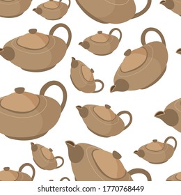 Teapot with handle and lid seamless pattern of tableware made of clay. Pottery hobby, handmade crockery product. Kitchenware container for liquids, durable material. Dishware vector in flat style
