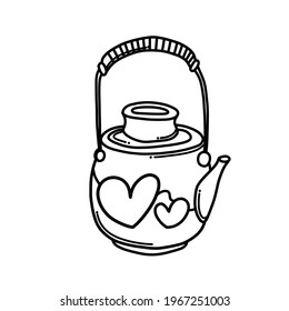 Tetera con icono del vector Doodle del corazón. Dibujo de la ilustración de la caricatura dibujada a mano.