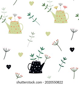 Tetera con plantas de hierbas. Patrón sin foco de té de hierbas con tetera.