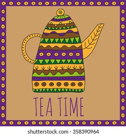 Teapot for herbal tea with bright ethnic ornaments. Tea time vector illustration