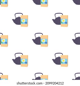Teapot of herbal tea with chamomile pattern seamless background texture repeat wallpaper geometric vector