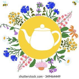  teapot. Herbs around the teapot in the circle on white background with flying bees