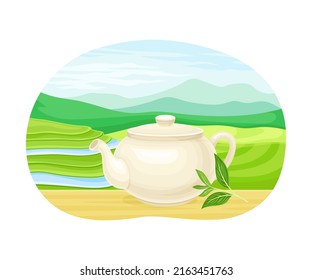 Teapot with Hot Aromatic Beverage Brewing and Tea Green Terrace Field Plantation Vector Illustration
