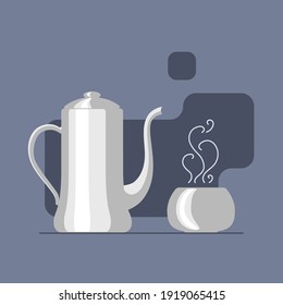 Teapot with hot cup on dark blue background vector illustration.