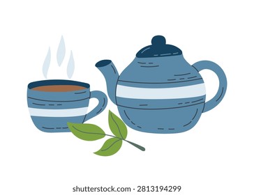Teapot and hot tea cup cliparts isolated on white. Vector hand drawn illustration.