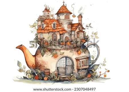 Teapot House Carla watercolor painting Abstract background.