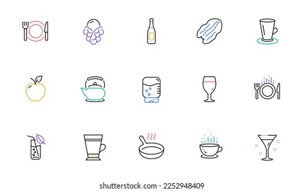 Teapot, Ice cream and Cocktail line icons for website, printing. Collection of Latte, Food, Beer glass icons. Water glass, Pecan nut, Coffee cup web elements. Beer, Restaurant food, Teacup. Vector