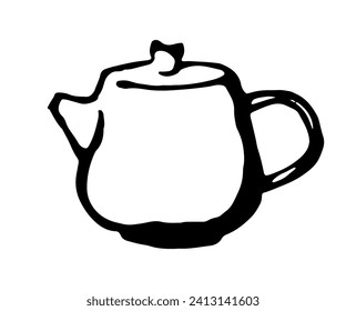 Teapot icon, black ink outline style, vector illustration