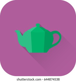 Teapot icon. Flat design with long shadow. Vector. Green kettle isolated on purple background