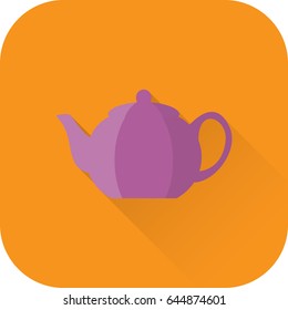 Teapot icon. Flat design with long shadow. Vector. Purple kettle isolated on orange background