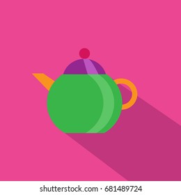 Teapot icon. Flat design with long shadow. Vector. Green kettle isolated on purple background