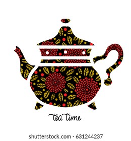 Teapot icon isolated. Floral pattern. Flowers, leaves hand drawn. Hand written font Tea time, lettering