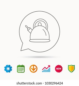 Teapot icon. Kitchen kettle sign. Hot drink appliance tool. Calendar, Graph chart and Cogwheel signs. Download and Shield web icons. Vector
