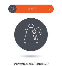 Teapot icon. Kitchen kettle sign. Hot drink appliance tool. Gray flat circle button. Orange button with arrow. Vector