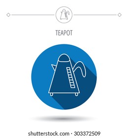 Teapot icon. Kitchen kettle sign. Hot drink appliance tool. Blue flat circle button. Linear icon with shadow. Vector