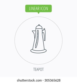 Teapot icon. Kitchen kettle sign. Hot drink appliance tool. Linear outline circle button. Vector