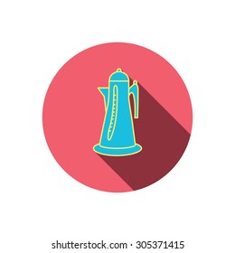 Teapot icon. Kitchen kettle sign. Hot drink appliance tool. Red flat circle button. Linear icon with shadow. Vector